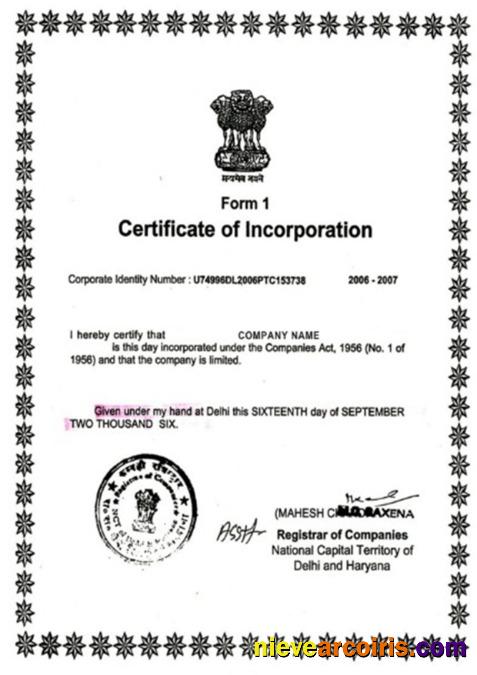India Certificate of Incorporation